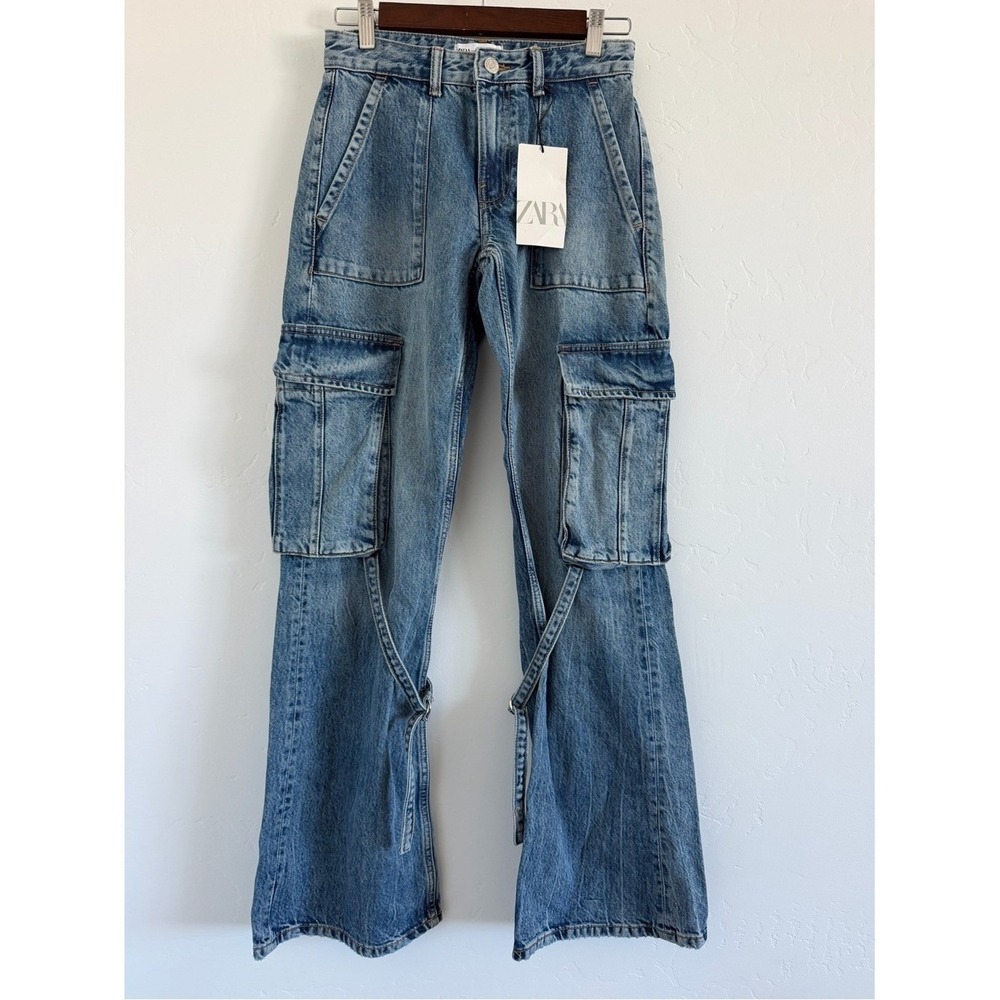 Zara Mid Rise Cargo Jeans Womens 0 Blue Wide Leg Utility Strap 8197/337/400 NWT - Picture 2 of 6